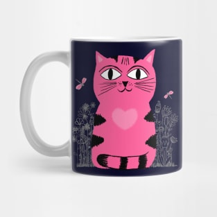 Bright Eyed Pink Heart Kitty In The Flower Garden Mug